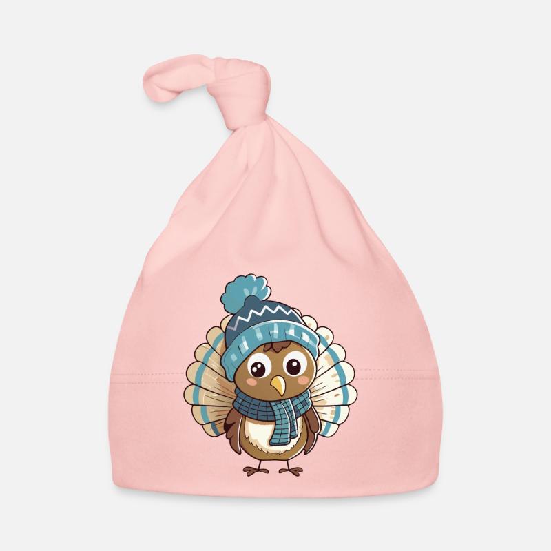 Dinde mignonne avec écharpe et chapeau à pompon. Bonnet bio Bébé