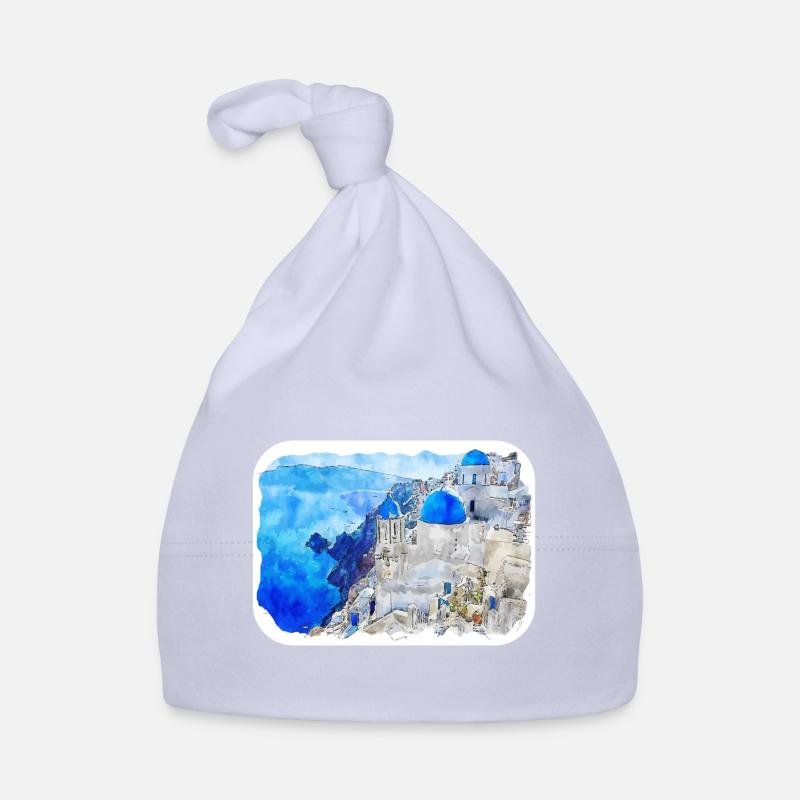 Santorin Grèce Aquarelle Esquisse Dessin Dessiné - Bonnet bio Bébé - ciel