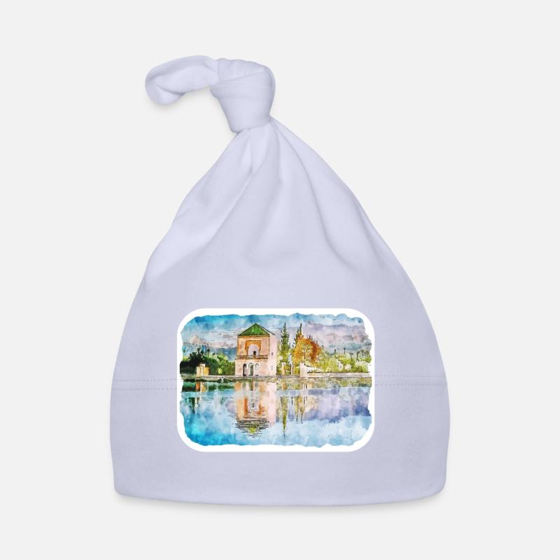 Marrakech Maroc Aquarelle Esquisse Dessinée Paintin - Bonnet bio Bébé - ciel