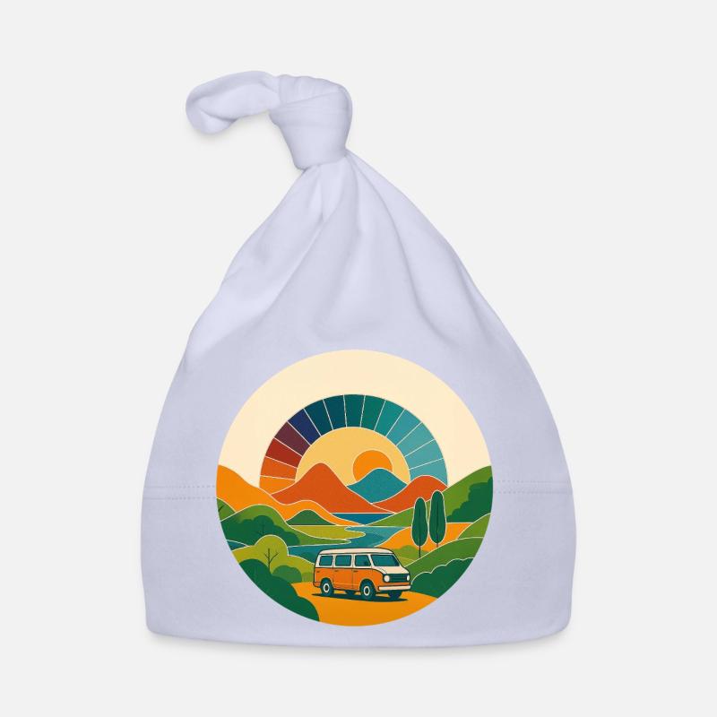 Retro Landschaft mit Van – Reise im Sonnenbogen Baby Bio-Mütze