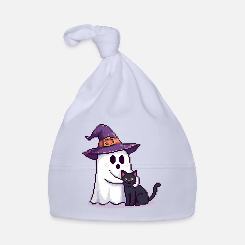 Pixel Ghost with Witch Hat & Cat – Halloween Organic Baby Cap