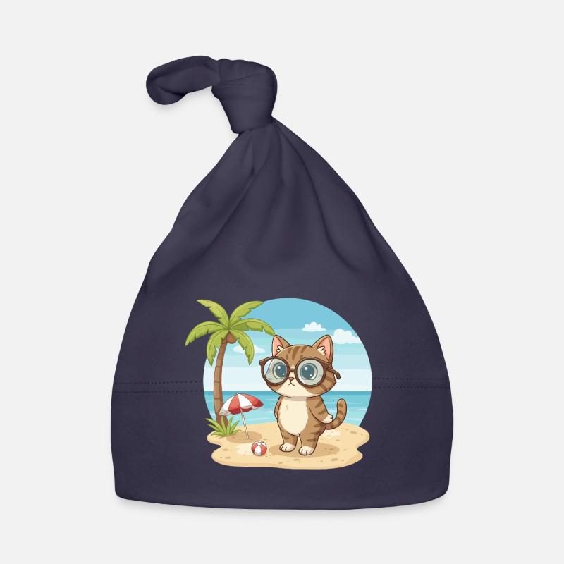 Cute Cat with Glasses Beach Summer Vacation Organic Baby Cap