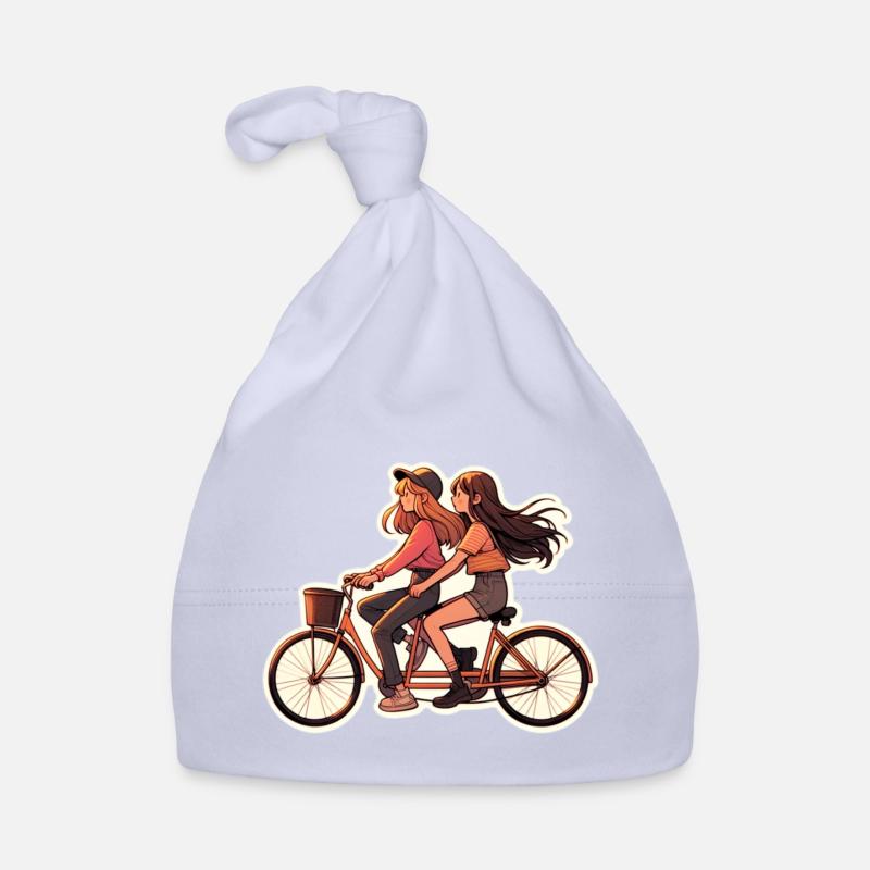 Deux filles montent en tandem - Bonnet bio Bébé - ciel