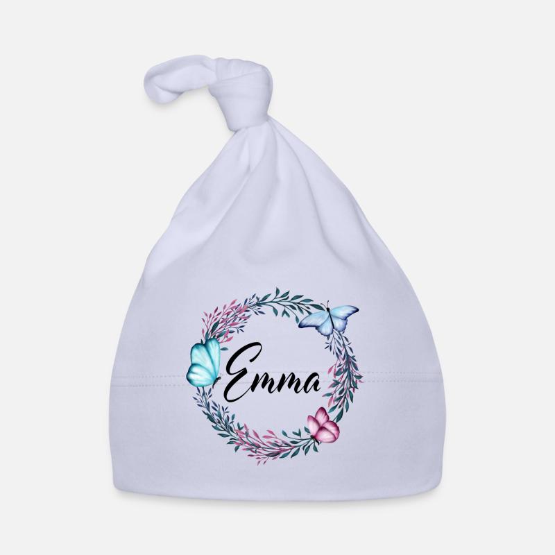 Emma, nom, lettrage, couronne de fleurs, cadeau - Bonnet bio Bébé - ciel