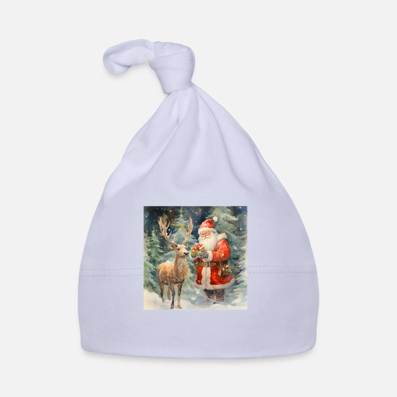 Père Noël et l’un de ses rennes - Bonnet bio Bébé - ciel