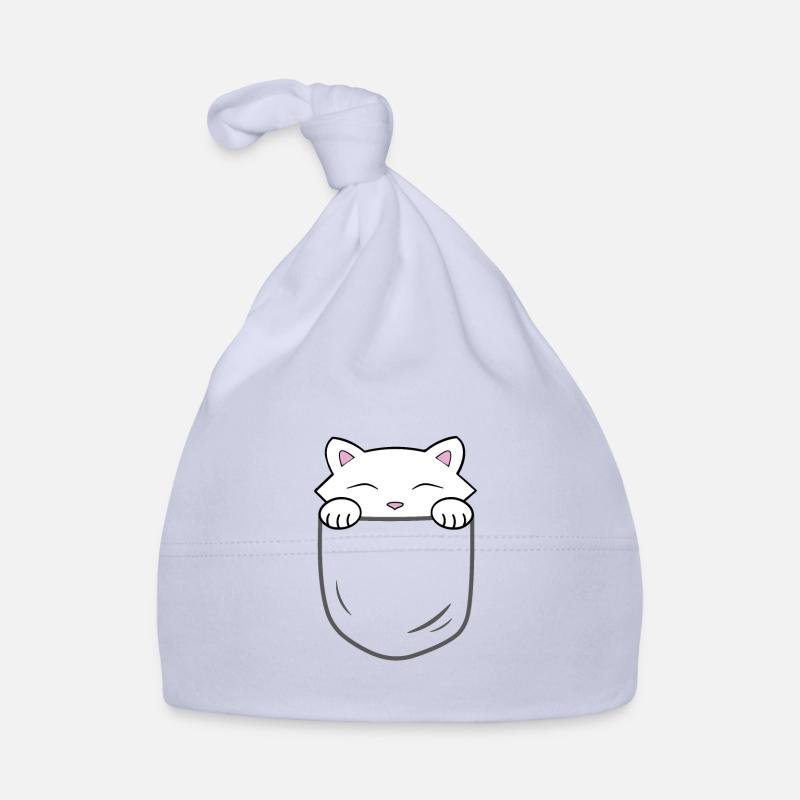 Chat mignon assis dans une poche - Bonnet bio Bébé - ciel