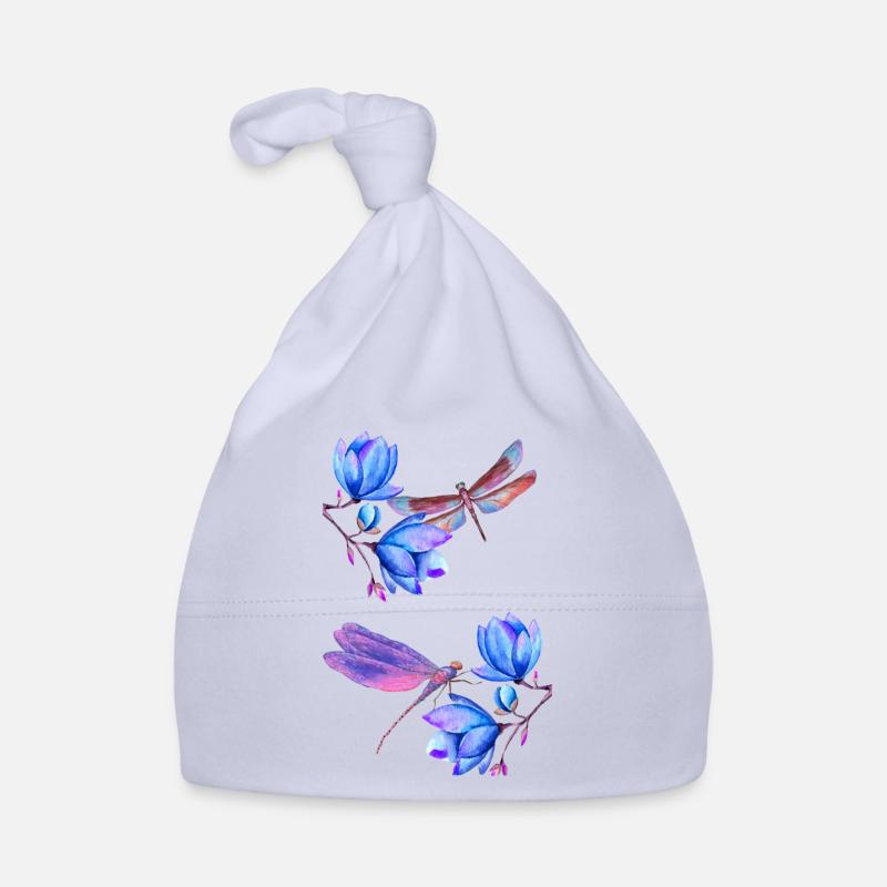 Libellules volant entre les fleurs bleues - Bonnet bio Bébé - ciel