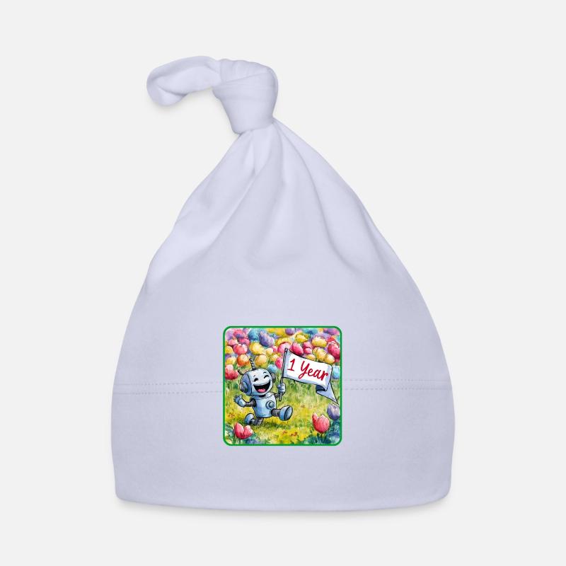 1 an 1. Robot d’anniversaire sur prairie fleurie Bonnet bio Bébé