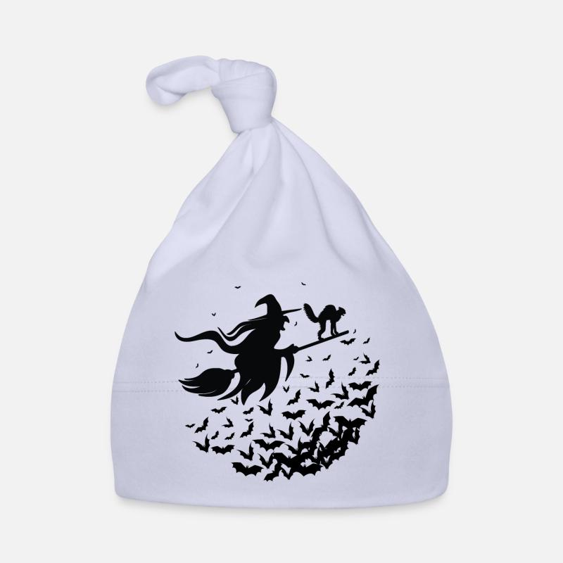 Sorcière et son chat sur son Balai - Halloween - Bonnet bio Bébé - ciel