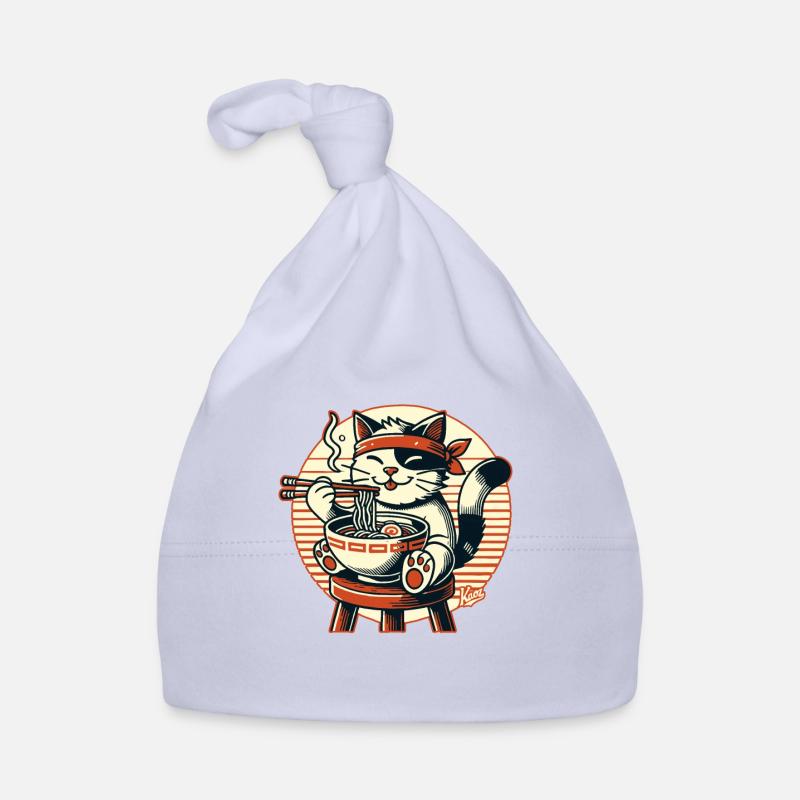 Manger des ramen, chat heureux - Bonnet bio Bébé - ciel