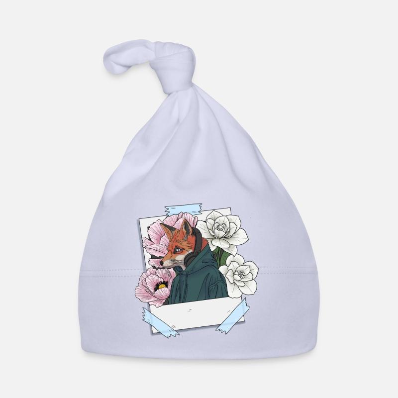 Fuchs mit Kopfhörern und Blumenthema - Baby Bio-Mütze - Sky