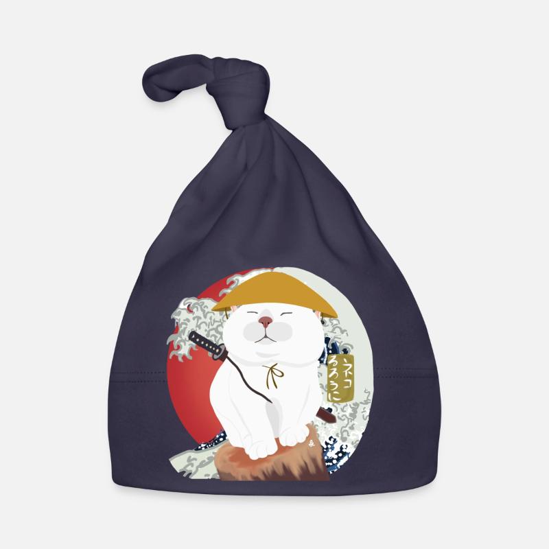 Chat samouraï assis sur le bois - Bonnet bio Bébé - marine
