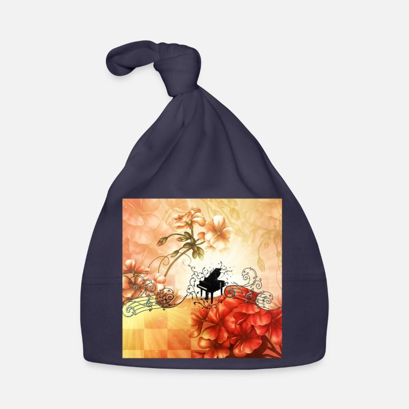 Merveilleuses fleurs avec piano et notes clés. - Bonnet bio Bébé - marine
