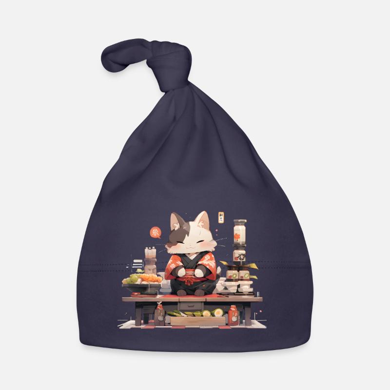 Chat samouraï mange des sushis Bonnet bio Bébé
