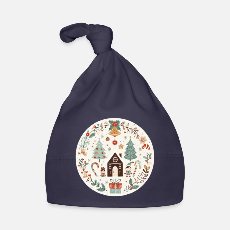 Illustration de Noël avec une maison et des sapins - Bonnet bio Bébé - marine