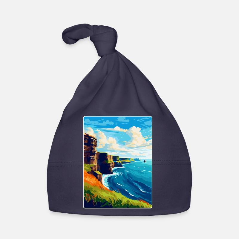 Falaises de Moher Irlande Royaume-Uni Affiche de voyage vintage - Bonnet bio Bébé - marine