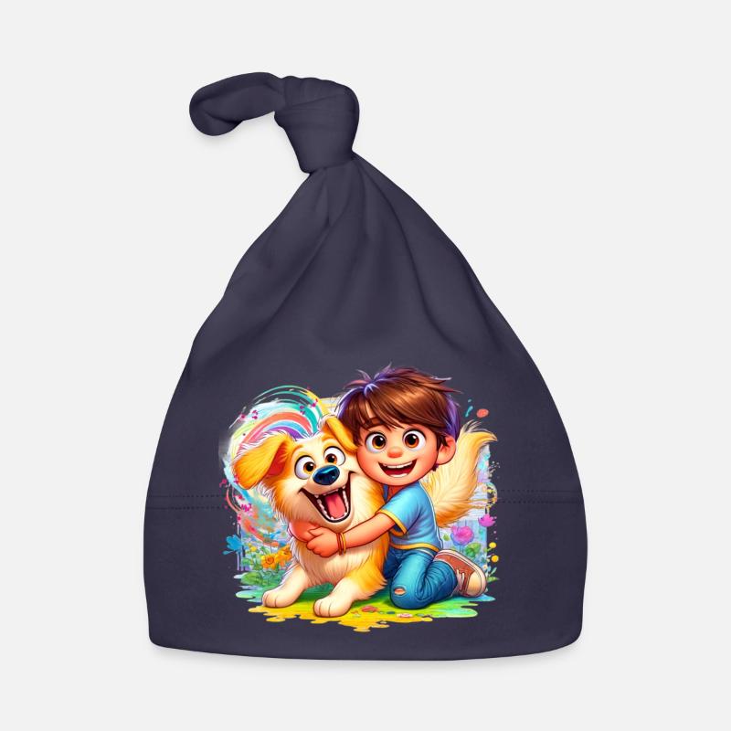 Garçon avec son chien mignon coloré Bonnet bio Bébé