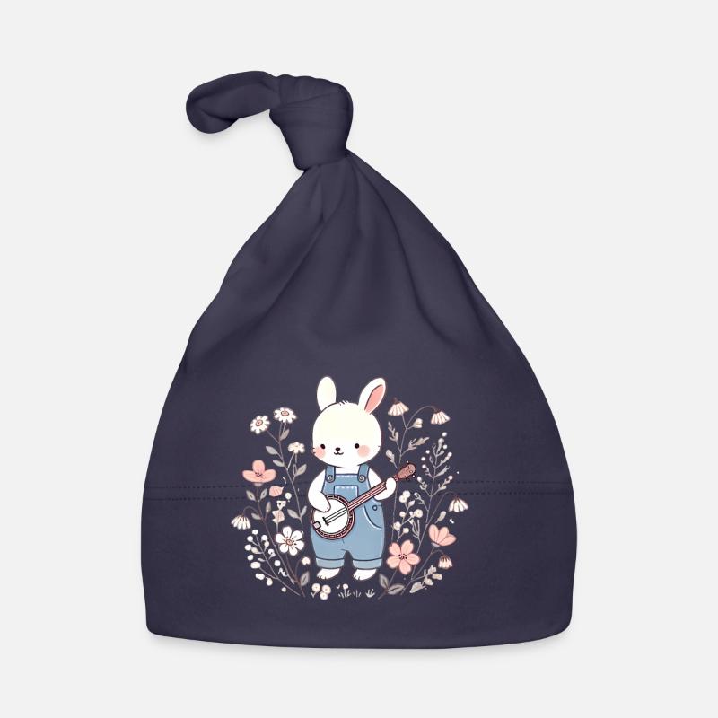 Lapin Banjo dans le champ de fleurs - Bonnet bio Bébé - marine