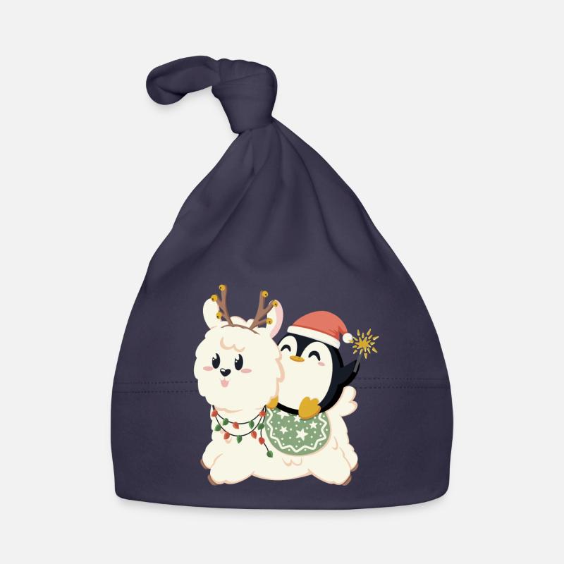 L’alpaga et le pingouin fêtent Noël - Bonnet bio Bébé - marine
