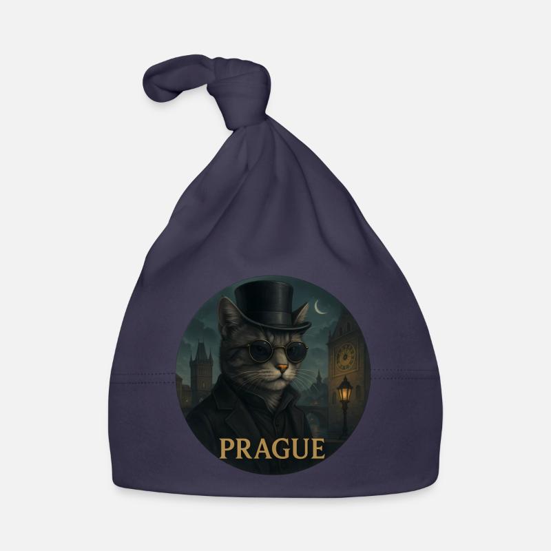 Chat gentleman devant la vieille ville de Prague - Bonnet bio Bébé - marine