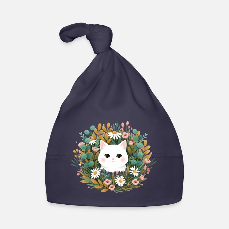Tête de chat dans une couronne de fleurs Bonnet bio Bébé