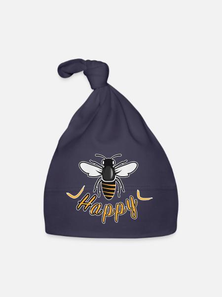 Happy bee with 'Happy' lettering - Organic Baby Cap - navy - Front