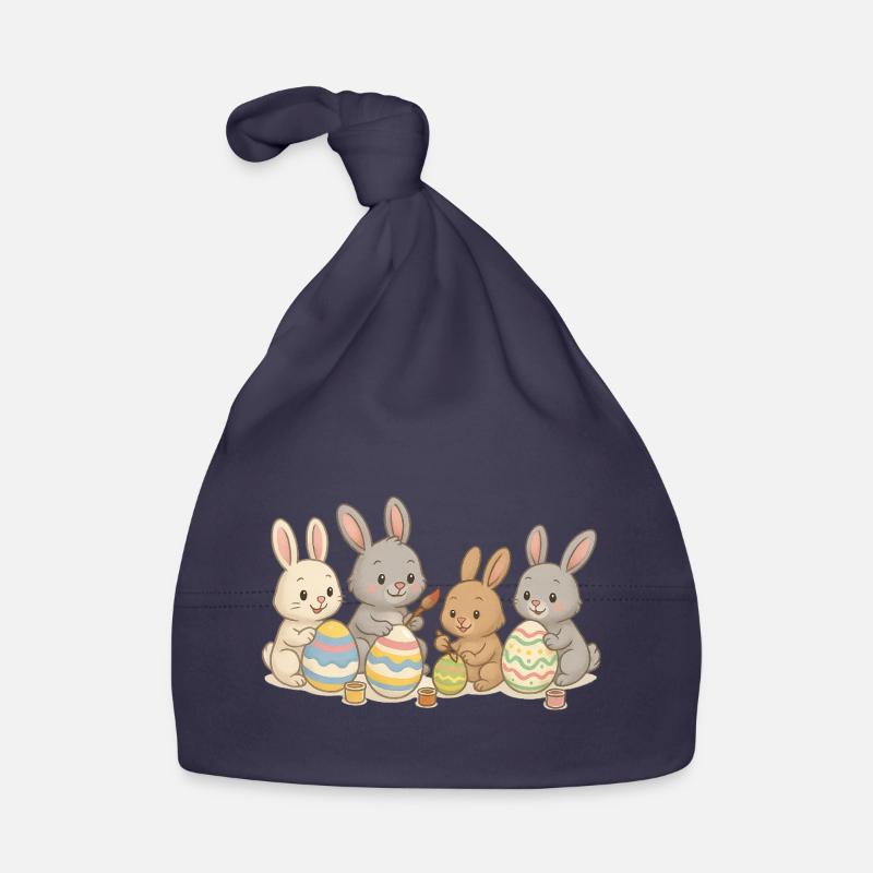 Les amis lapins peignent des œufs de Pâques - Sweet Easter design - Bonnet bio Bébé - marine