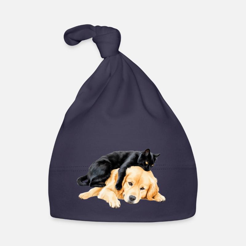 Chat noir et golden retriever - Bonnet bio Bébé - marine