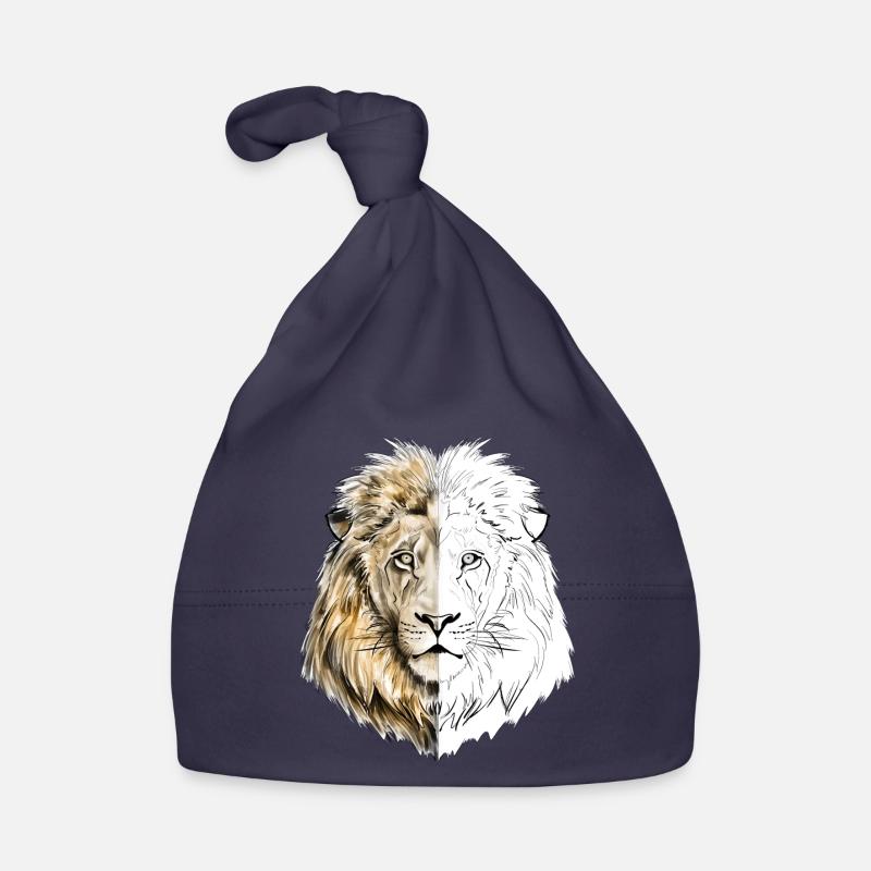 Un lion dessiné en or et blanc - Bonnet bio Bébé - marine
