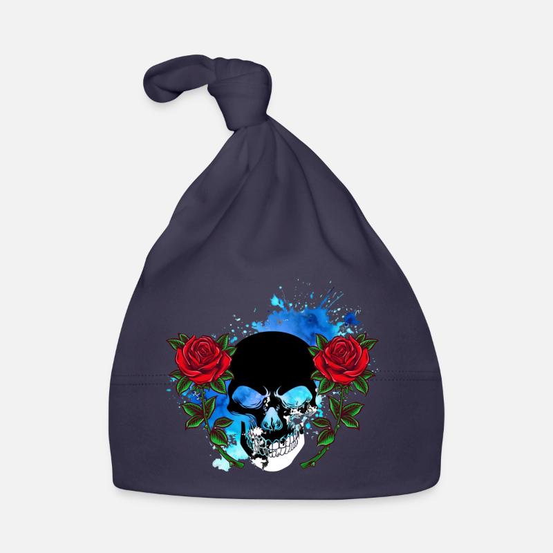 Tête de mort Skull Crâne de mort Rose Fleurs Splash - Bonnet bio Bébé - marine