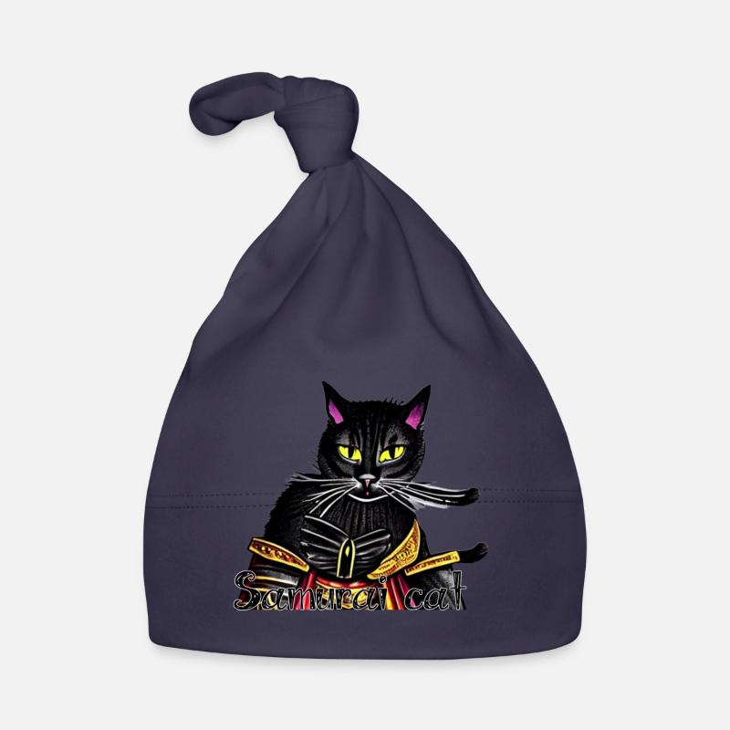 Chat samouraï avec une armure dorée - Bonnet bio Bébé - marine