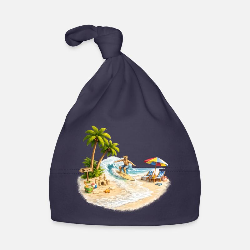 Surfer on the beach with palm trees and wave Organic Baby Cap
