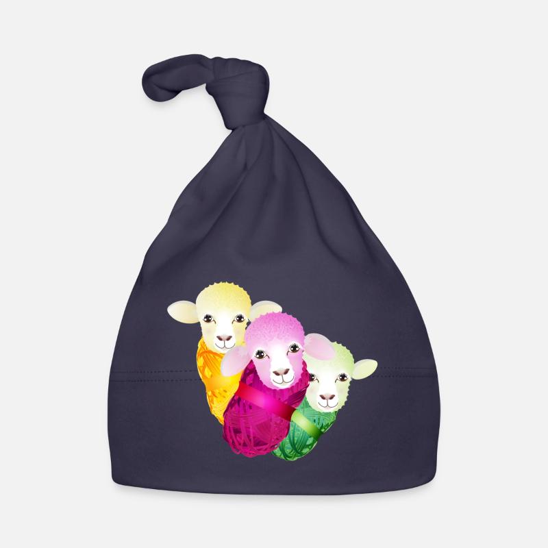 three colourful sheep with colour-coordinated wool Organic Baby Cap