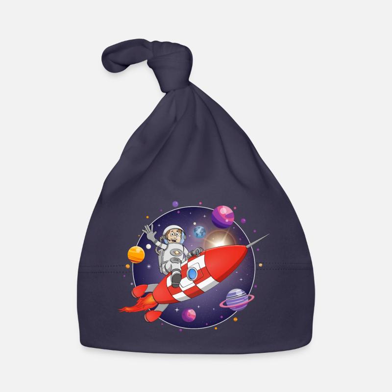 L’astronaute et la fusée rouge dans l’espace - Bonnet bio Bébé - marine