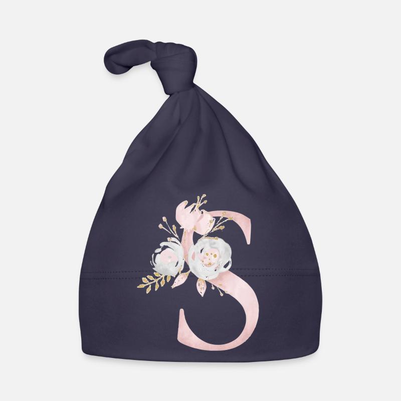 Lettre S avec des fleurs - Bonnet bio Bébé - marine