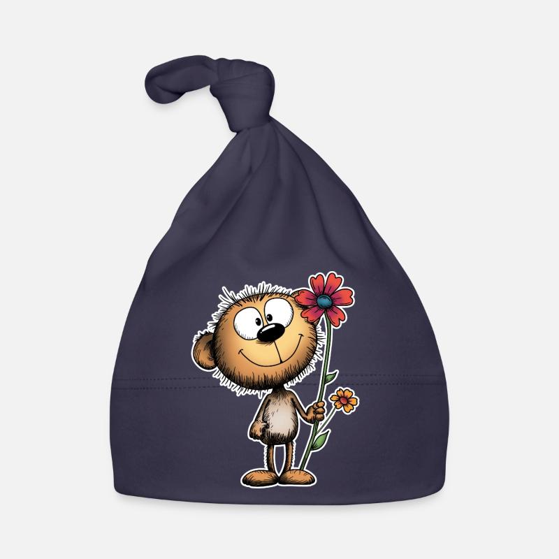 Ours joyeux avec fleur - Bonnet bio Bébé - marine