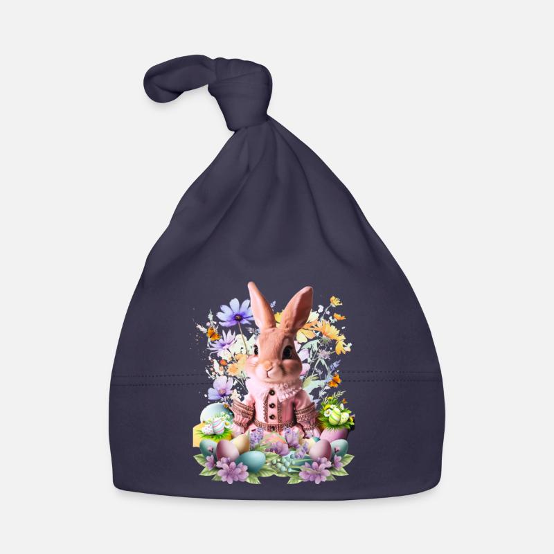 Un lapin rose pastel dans une mer de fleurs - Bonnet bio Bébé - marine