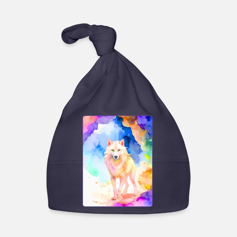 Loup blanc devant une grotte colorée Bonnet bio Bébé