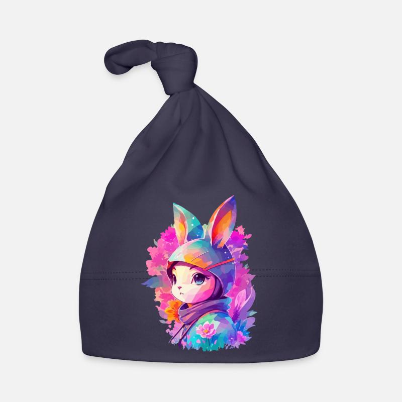 Manchon de lapin à l’aquarelle avec des fleurs - Bonnet bio Bébé - marine