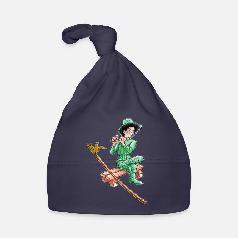 le vagabond vert jouant de la Flûte  - Bonnet bio Bébé - marine