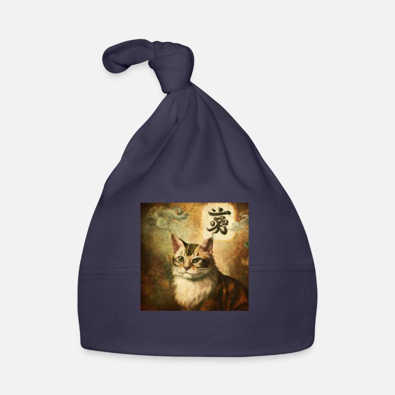 Chat avec caractères chinois, Baroque 2 - Bonnet bio Bébé - marine