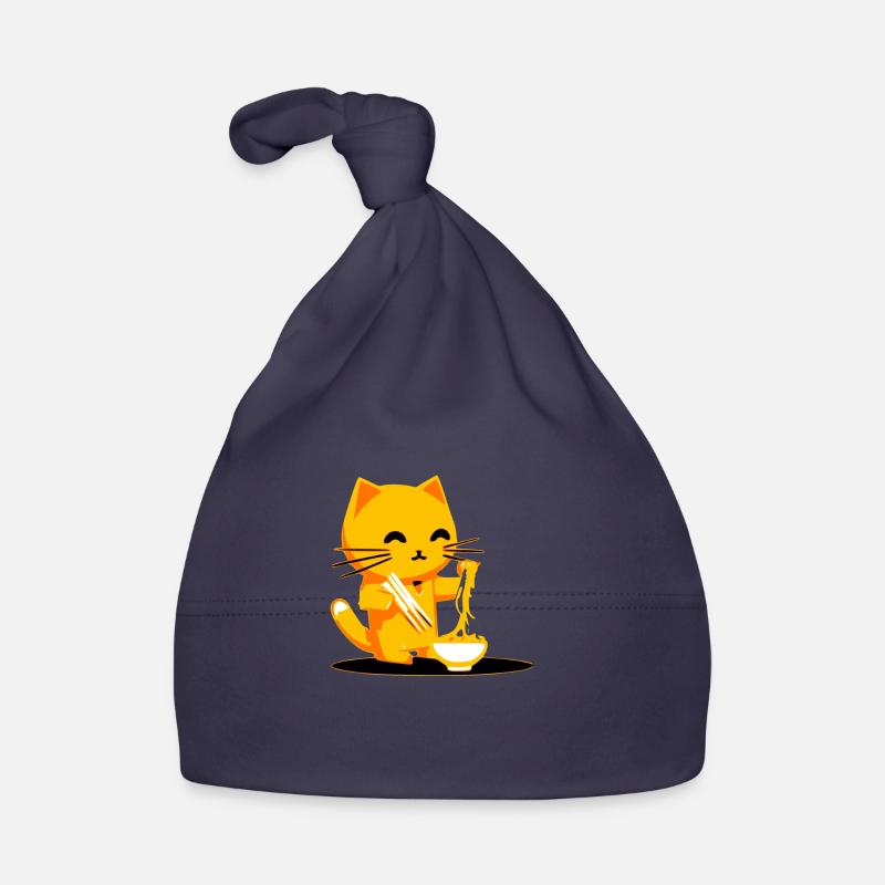 Pilou le chat qui mange des nouilles - Bonnet bio Bébé - marine