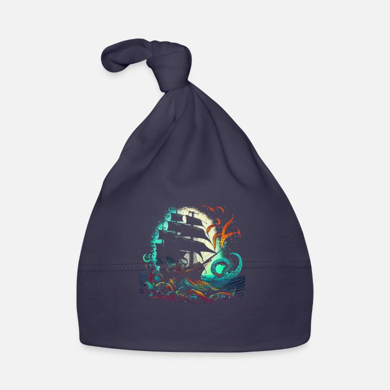 Bateau pirate rétro avec une pieuvre colorée - Bonnet bio Bébé - marine