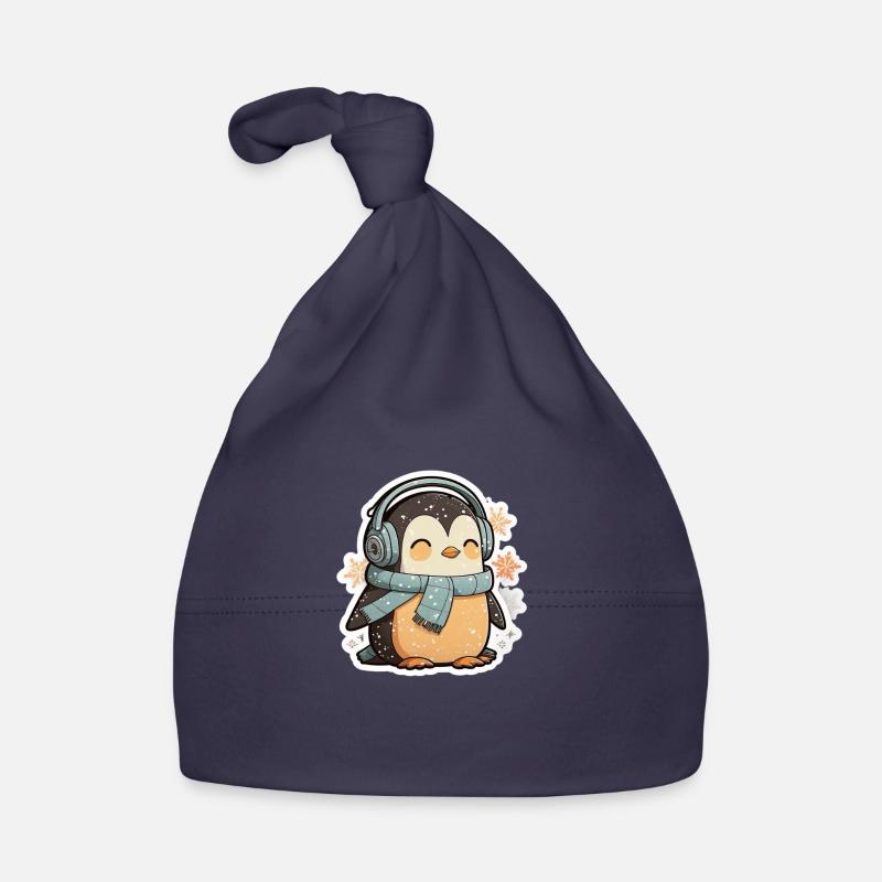 Mignon petit pingouin avec des flocons de neige - Bonnet bio Bébé - marine