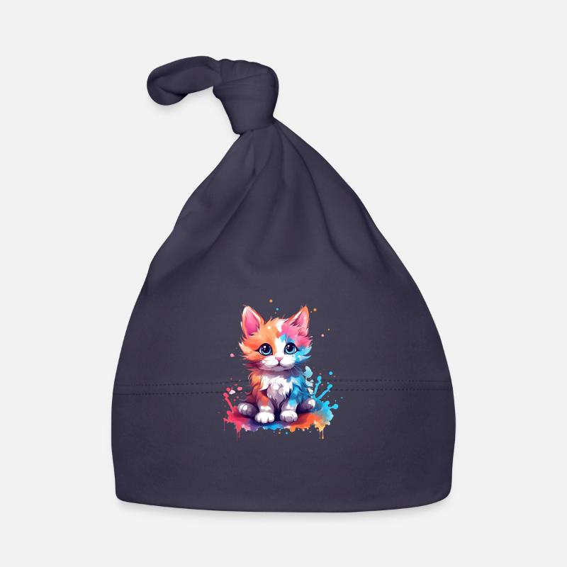 Mignon petit chat coloré avec éclaboussures de couleur - Bonnet bio Bébé - marine