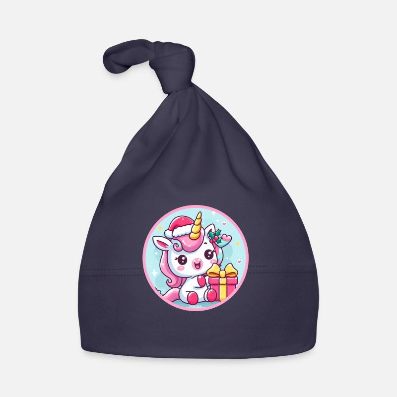 Licorne de Noël avec un cadeau - Bonnet bio Bébé - marine