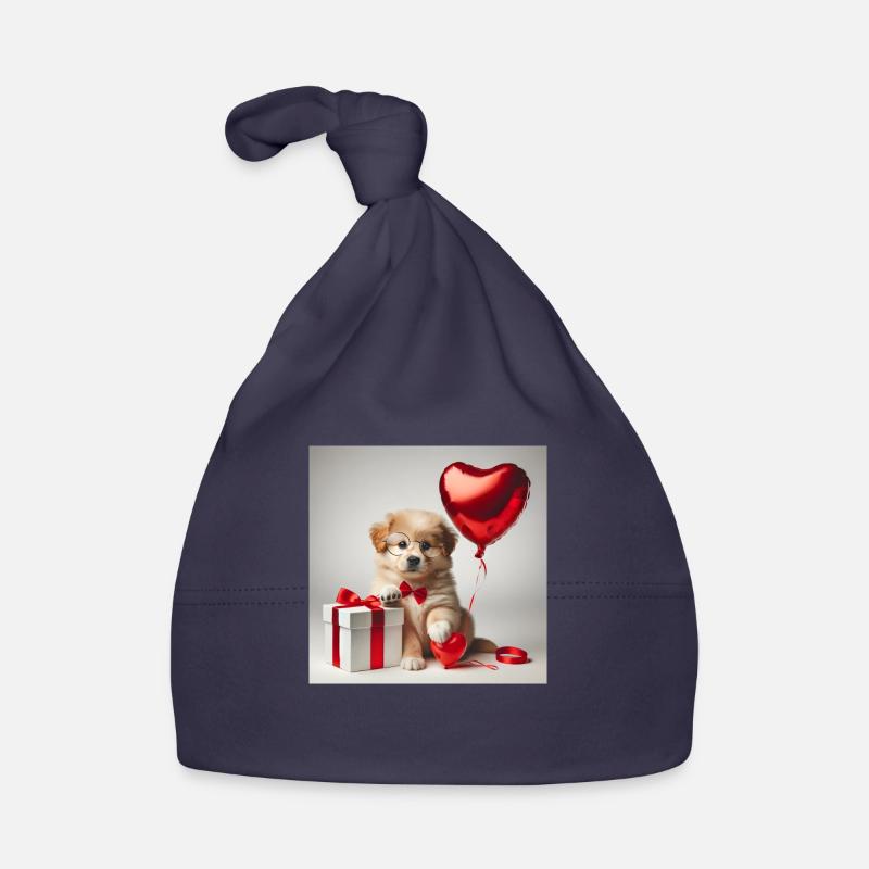 Chiot à Lunettes et Ballon Cœur - Saint-Valentin - Bonnet bio Bébé - marine