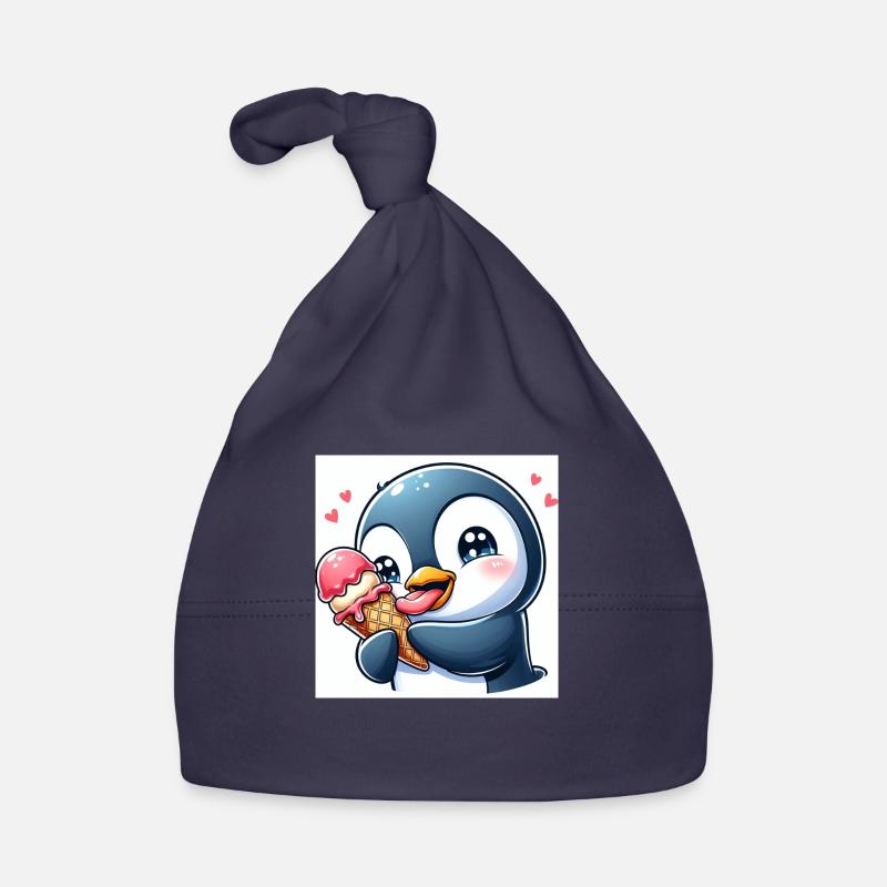 Süsser Pinguin am Softeis essen. Pinguin mit Eis Baby Bio-Mütze
