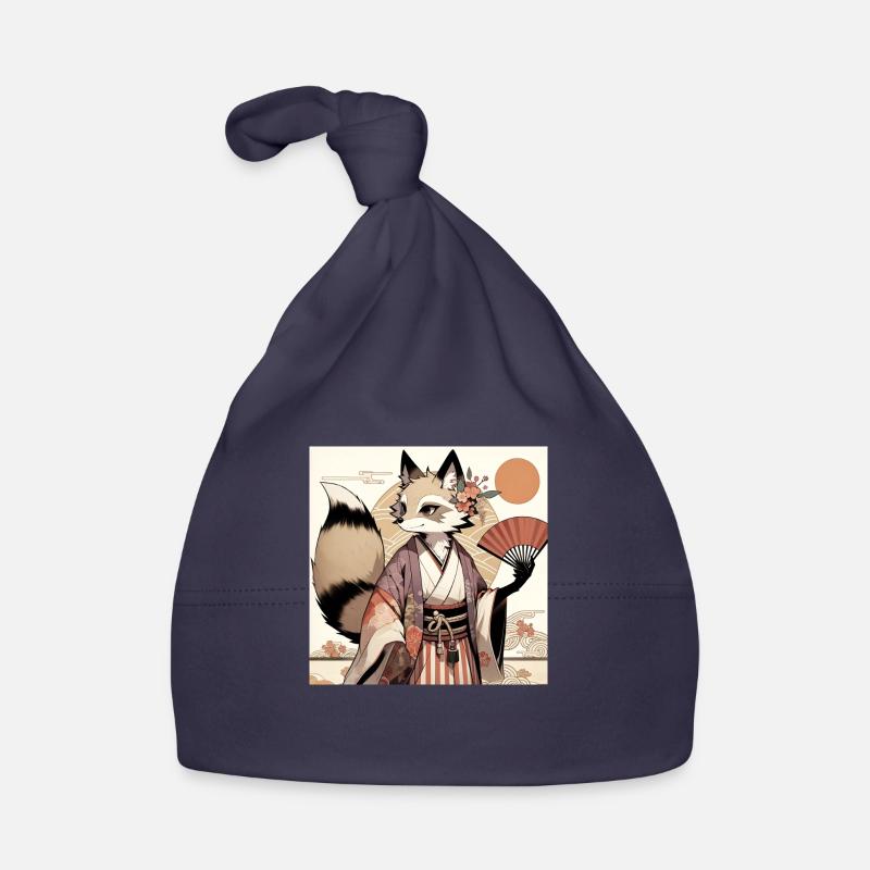 Élégance Kitsune en Tenue Traditionnelle - Bonnet bio Bébé - marine