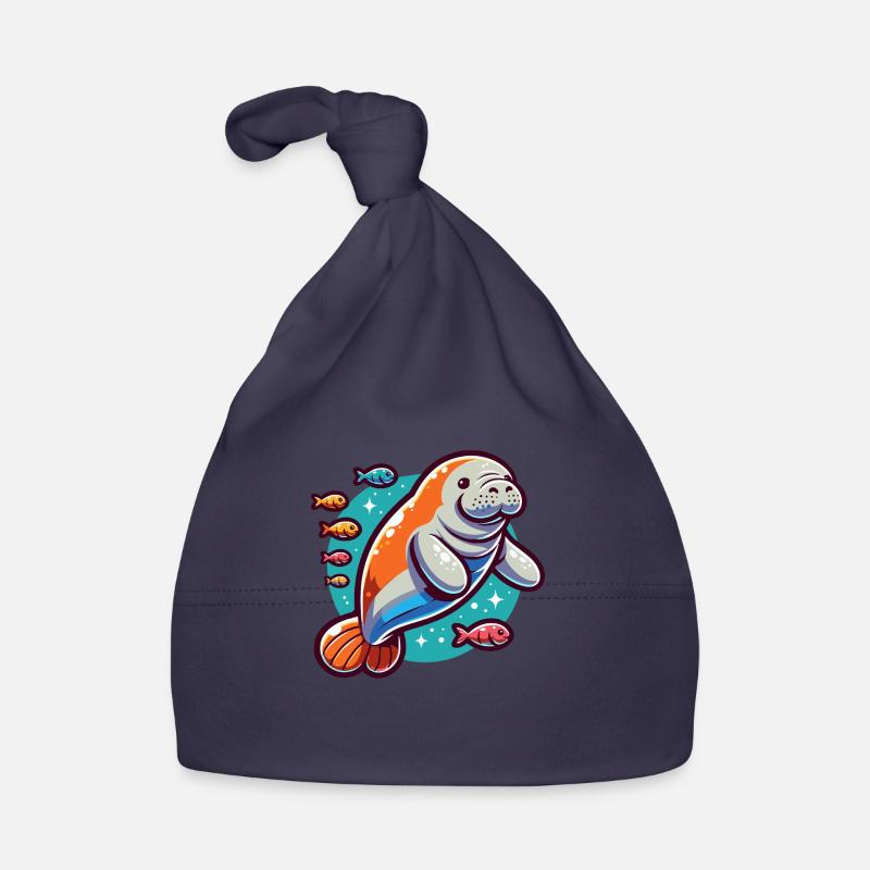 Lamantin avec beaucoup de poissons colorés - Bonnet bio Bébé - marine
